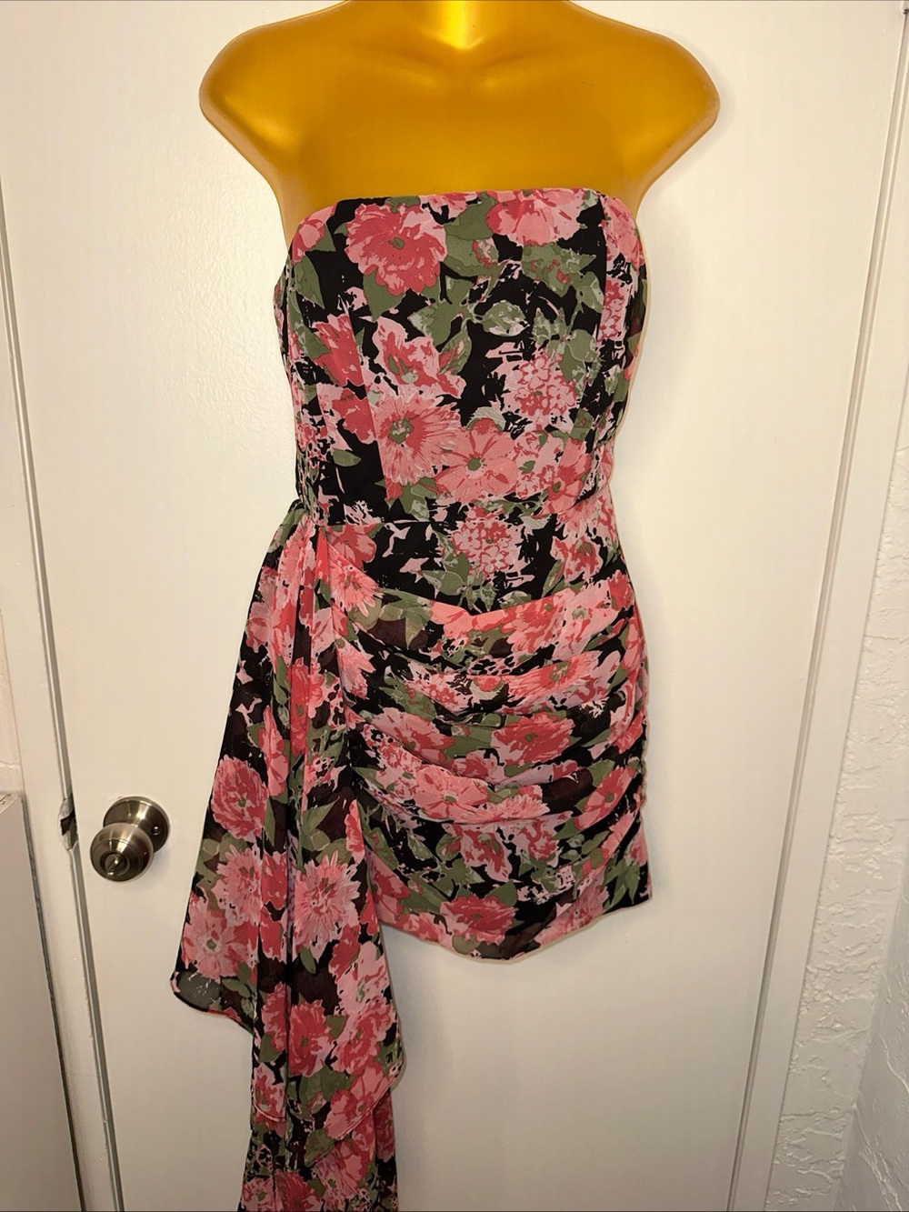Cotton Candy Strapless Floral Dress in Pink and Black